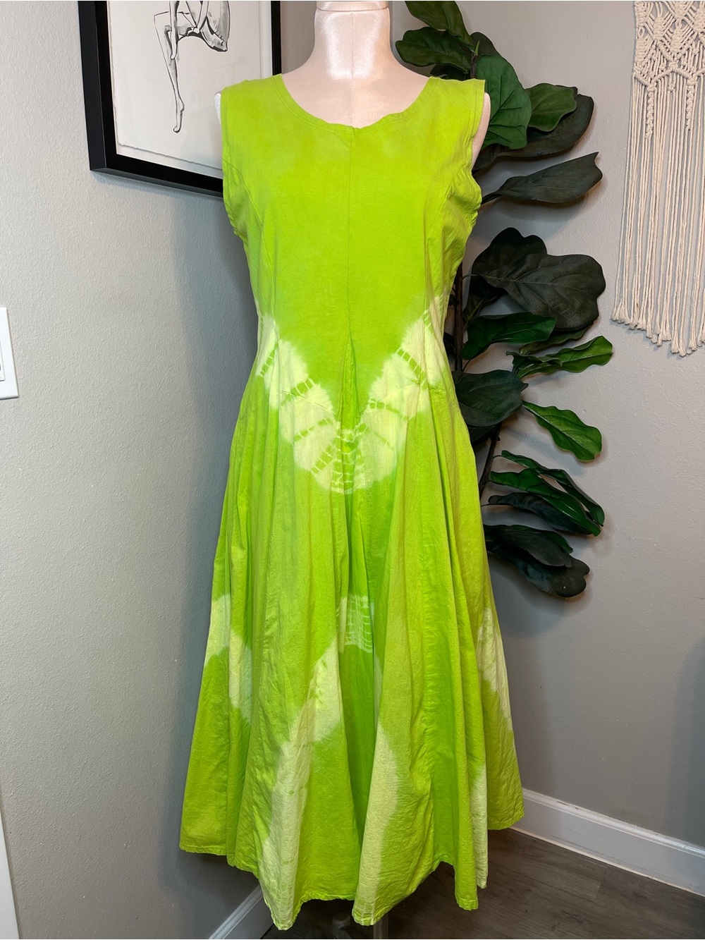 Artsy Boho Lagenlook French Bustle 100% Cotton Midi Dress Lime Green Tie Dye - Picture 4 of 15